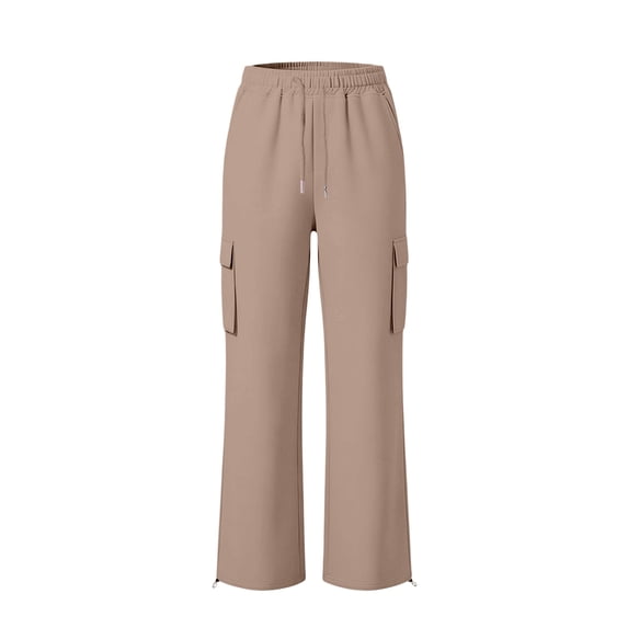 Wsysadlol Preppy Style Girls Wide Leg Cargo Sweatpants Baggy Pocketed Joggers, Casual Solid Color Sport Trousers Khaki