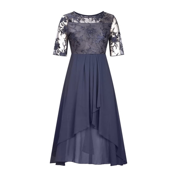 Wsysadlol Summer Dresses Women Tea Length Chiffon Dress Elegant Embroidery Hollow Lace Splicing Midi Gown Fashion Formal Dress For Bridesmaid & Evening Party