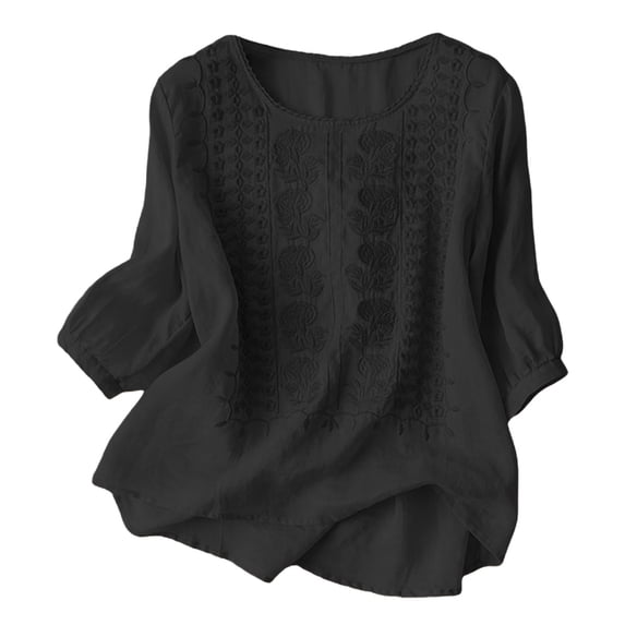 Wsysadlol Summer Tops for Women 2026 Vintage Cotton Linen TâShirt Solid Round Neck Floral Embroidery 3/4 Sleeve Top Lightweight Breathable Literary Blouse Summer