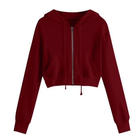 Wsysadlol Tops for Women Casual Solid Color Hooded Cropped Sweatshirt Long Sleeve Drawstring Zip Pocket Pullover Top Fashion Cropped Hoodie For Spring And Autumn