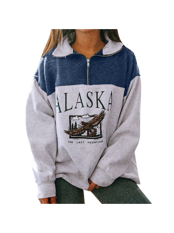 Womens Oversized Sweatshirts Alaska Eagle Graphic Quarter Zip Collared Long Sleeve Blouses Loose Fitting Fall Fashion Casual Pullover Tops