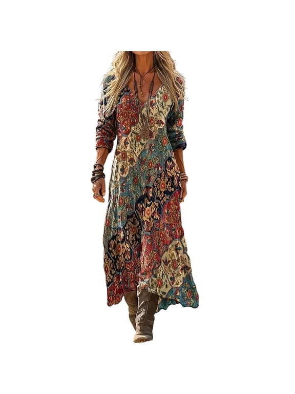 Womens Summer Dresses Women Boho Muslin A Line Maxi Dress V Neck 3/4 Sleeve Colourful Floral Printed Casual Tunic Beach Dress Soft Airy Ethnic Long Dress With Pockets For Spring Autumn