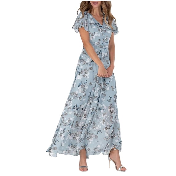 Wsysadlol Womens Summer Dresses Women Floral Chiffon Swing Maxi Dress Short Sleeve Ruffle V-Neck Waisted Flowy Long Dress Fashion Slim Summer Vacation Dress