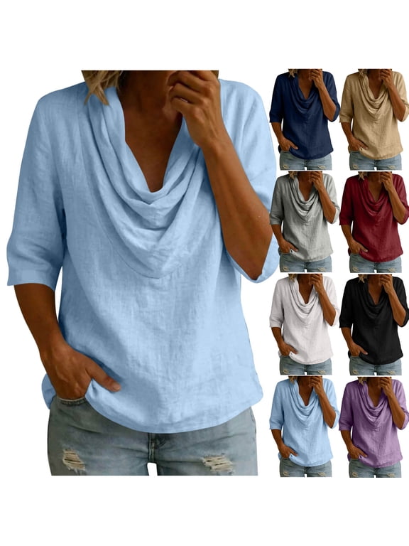 Women's Cowl Neck 3/4 Sleeve Draped Tunic Top Loose Relaxed Elegant Casual Daily Holiday Fall Spring Blouse