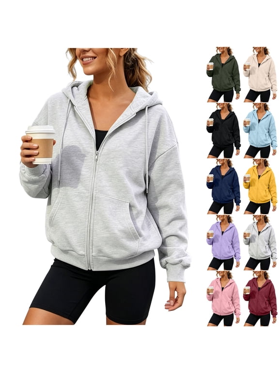 Women's Full Zip Hoodie Sweatshirt with Kangaroo Pocket Relaxed Fit Sporty Casual Outerwear Jacket S-2XL