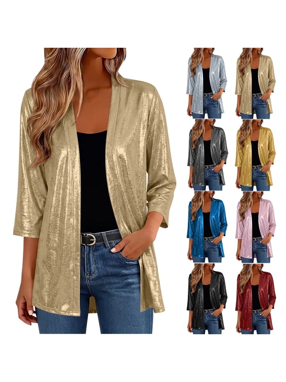 Women's Metallic Shiny Open Front Cardigan 3/4 Sleeve Glitter Party Club Night Out Elegant Casual Blazer Jacket S-3XL