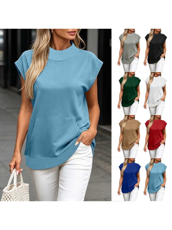 Women's Mock Neck Short Sleeve Tunic Top with Kangaroo Pocket Relaxed Fit Casual Summer Beach Vacation Shirt
