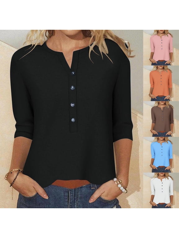 Women's Notch Neck Henley 3/4 Sleeve Top Button Down Relaxed Fit Curved Hem Casual Spring Fall Blouse