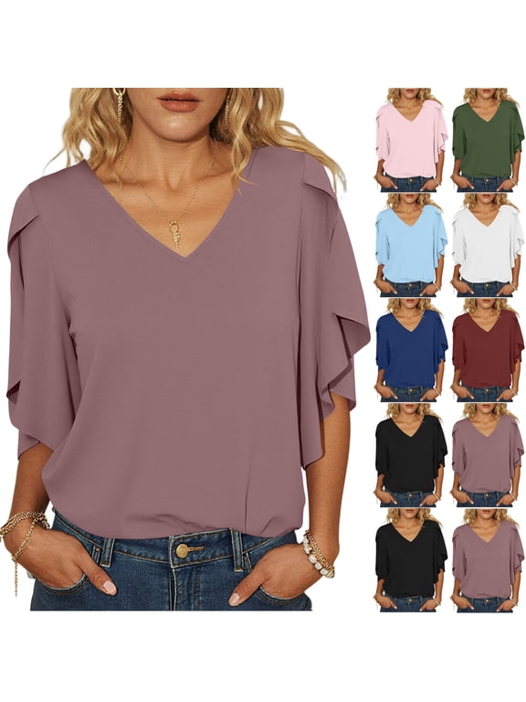 Women's V Neck Flutter Sleeve Top Loose Drapey Flowy Casual Summer Vacation Beach Holiday Blouse