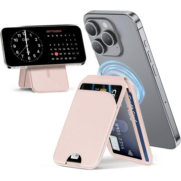 Wtuhu Mag-Safe Wallet Magnetic Wallet for iPhone Lightweight Magnetic Phone Wallet Stand Adjustable Leather Magnetic Card Holder for iPhone 16/15/14/13/12 Series Not for iPhone 13/12 Mini (Pink)