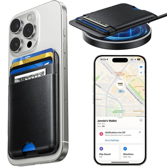 Wtuhu Magnetic Phone Wallet with Find My Tracking, Slim RFID Leather Card Holder, Strong N52 Magnet, Compatible with iPhone 12–17 (Not Mini), Black