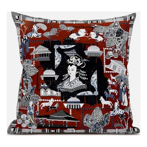 Wu Zetian Indoor/Outdoor Pillow in Red Black White 18x18