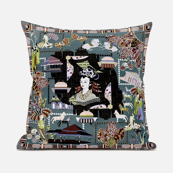 Wu Zetian Indoor/Outdoor Pillow with Removable Cover in Gray Pink White Green20x20