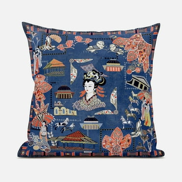 Wu Zetian Indoor/Outdoor Pillow with Removable Cover in Navy Blue Orange16x16