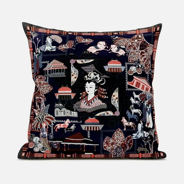 Wu Zetian Indoor/Outdoor Pillow with Removable Cover in Navy Blue Red White18x18