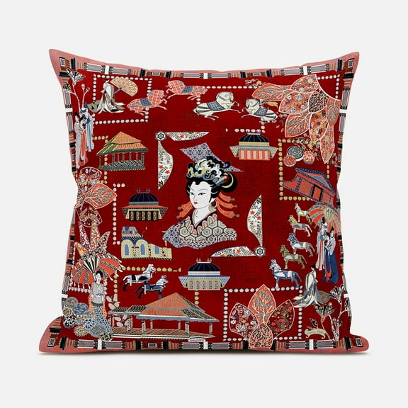Wu Zetian Throw Pillow with Removable Cover in Red Gray Blue 16x16