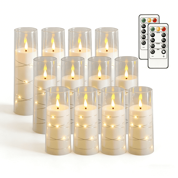 WuNa Flameless LED Pillar Candles Embedded Star String,with Remote & Timer, White Perfect for Home/Party/Wedding (12 Pcs)