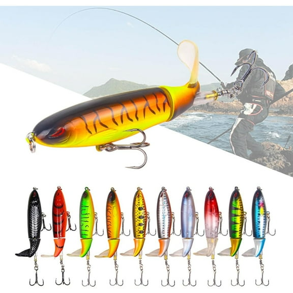 WuPing 10 Pcs Top Water Fishing Lures, Whopper Bass Lure Set, Floating Lure with Spinnerbait Tail and Treble Hook