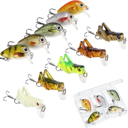 WuPing 10 Pieces Mini Fishing Lures Micro Fishing Hard Baits Crankbaits Panfish Lures Baits Topwater for Freshwater Saltwater Trout Bass Perch with Box Gear Gifts