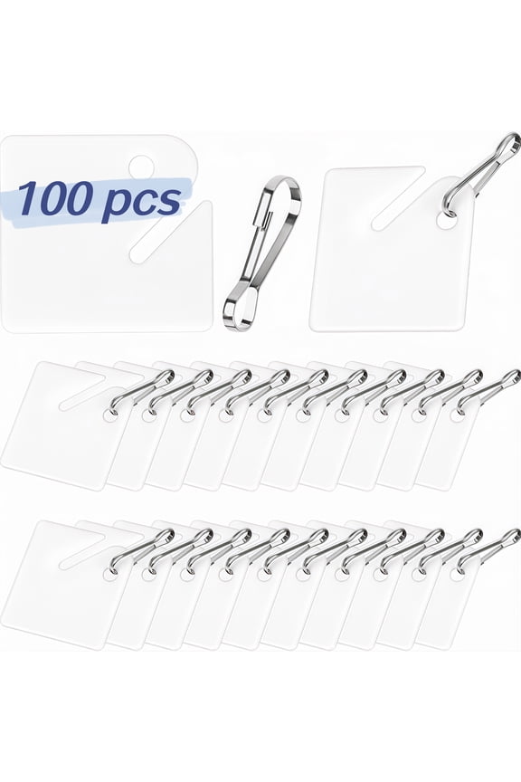 100 Pcs Key Tags, White Plastic Hanging Tags with Metal Snap Hooks for Key Cabinets with Slots, Storage Boxes, and Lockers