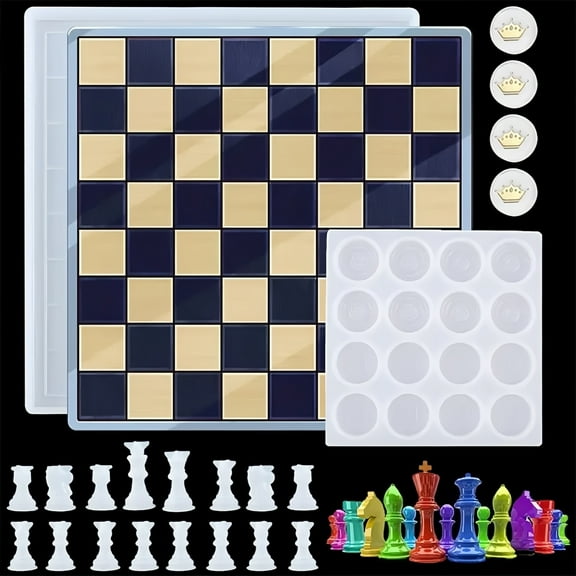 WuPing 11 Inch Chessboard Molds and 16 Pieces Full Size 3D Chess Silicone Resin Material Molds, 18 Pieces