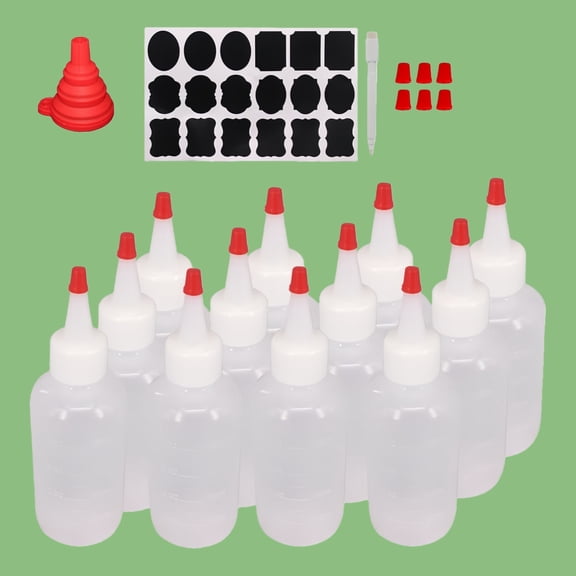 WuPing 12 Pcs 4 oz Empty Plastic Condiment Squeeze Bottles with Squeeze Caps, Plus 6 Extra Red Tip Caps, 1 Funnel, 1 Sticker Sheet, 1 Copper Brush, 1 White Chalk with Brush (22 pcs)