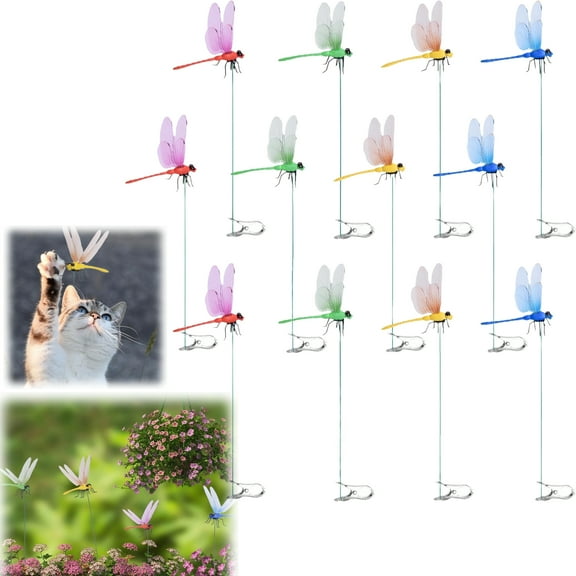 WuPing 12 Pcs Artificial Dragonflies with Clip, 3D Dragonfly Garden Decor, Dog Toy, Garden Ornament for Courtyards, Outdoor & Indoor Use