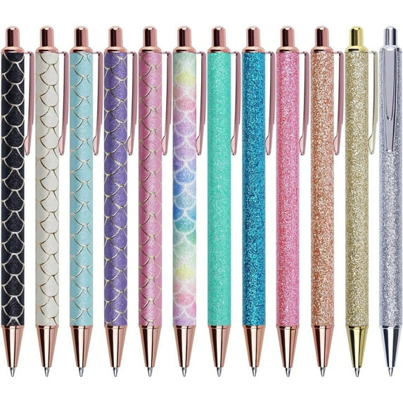 WuPing 12 Pcs Fancy Pens for Women Journaling, Cute Sparkly Pens 1.0 mm Black Ink Metal Retractable Pretty Fun Pens for Nurses Waitress