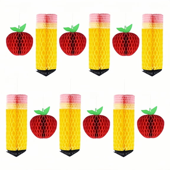 WuPing 12 Pcs Hanging Paper Pom Decorations, Pencil and Apple Honeycomb Ornaments