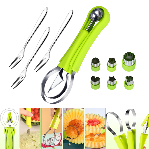 WuPing 12-Piece Melon Cutter Set, Melon Baller Scoop Set 4-in-1 Fruit Cutter: Stainless Steel Slicer, Scoop, Corer, Peeler, Kitchen Gadgets