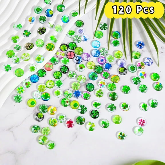 WuPing 120 Pcs Four-Leaf Clover Flatback Glass Beads Cabochons, 12 mm Clover Lucky Charm Glass Beads