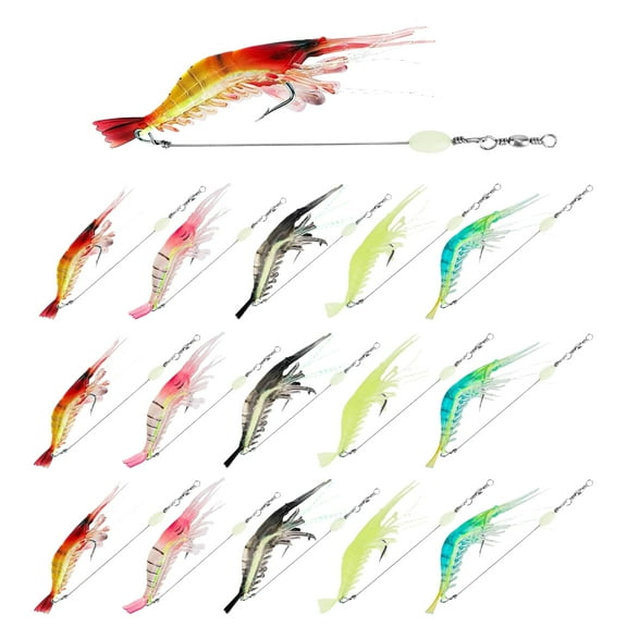 WuPing 15 Pcs Fishing Lures, Luminous Soft Shrimp Baits Set with Sharp Hooks for Freshwater and Saltwater