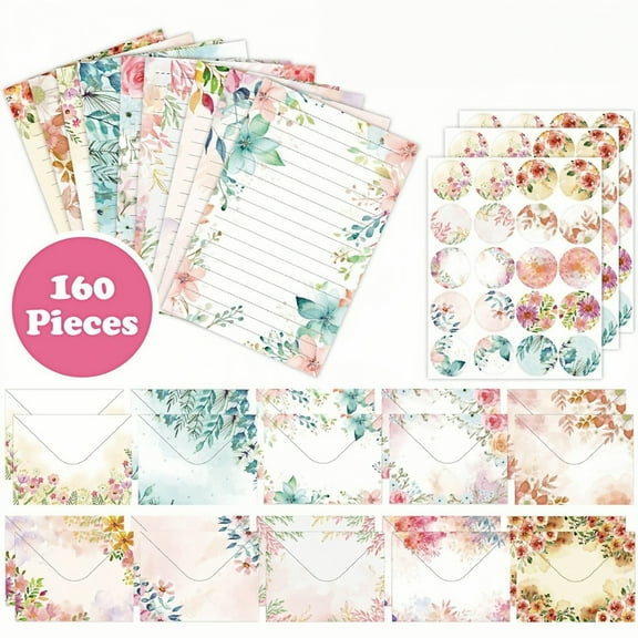 WuPing 160 Pcs Stationery Paper Envelopes Set Includes 50 Lined Writing Paper & 50 Envelopes with 60 Colorful Round Dot Stickers