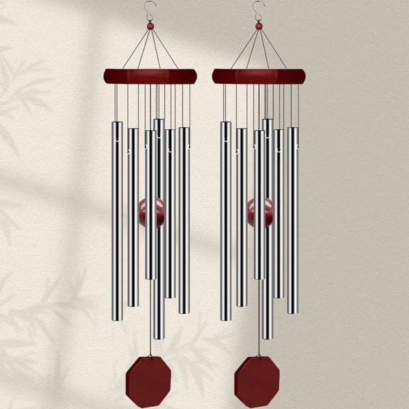 WuPing 2 Pack Silver Wind Chimes Outdoor Large Deep Tone, Elegant Sympathy Wind-Chime with 6 Tuned Tubes for Garden Patio Balcony and Home