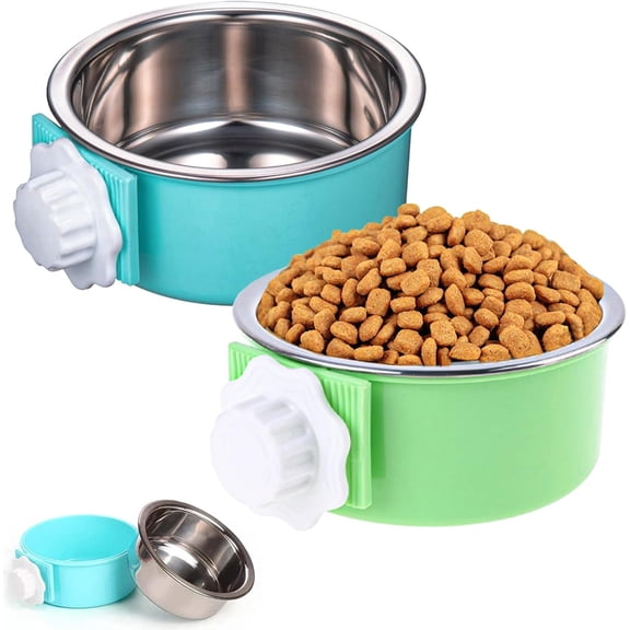 WuPing 2 Pcs Crate Dog Bowl, Removable Stainless Steel Hanging Food Water Feeder Bowl Cage Coop Cup for Dog Cat Rabbit Bird (Blue,Green)
