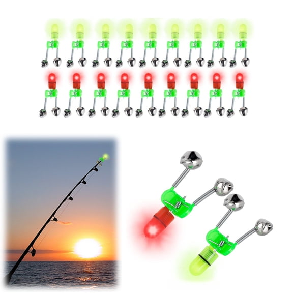 WuPing 20 Pcs LED Fishing Flashers (Red and Green), LED Indicator at Rod Tip, Luminous Fishing Bite Indicators Light with Night Fishing Bite Alarm Bell