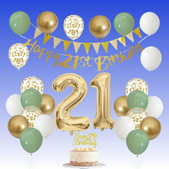 WuPing 21st Birthday Decorations Foil Balloon Set Include Balloons, Banner, Cake Topper, Number 21 Foil Balloon (Green White Gold)