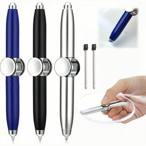 WuPing 3 Pcs Ballpoint Pen Rotatable Stress Relief Pen Metal Fidget Pen with LED Light for Unwinding at Work
