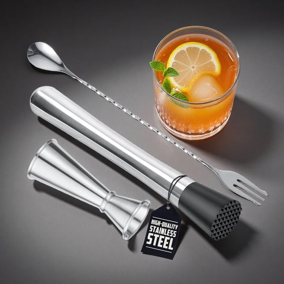 WuPing 3 Pcs Cocktail Swizzle Sticks Set - Bar Muddler Tool with Sturdy Head, Versatile Cocktail Spoon & Jigger
