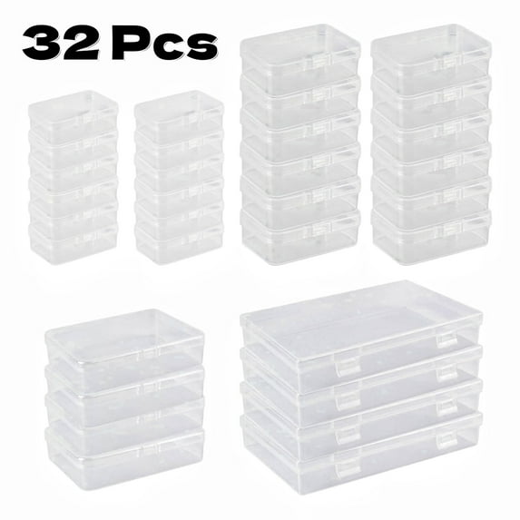 WuPing 32 Pcs Plastic Boxes, Mixed Sizes, Rectangular, Empty Mini Storage Boxes with Hinged Lid