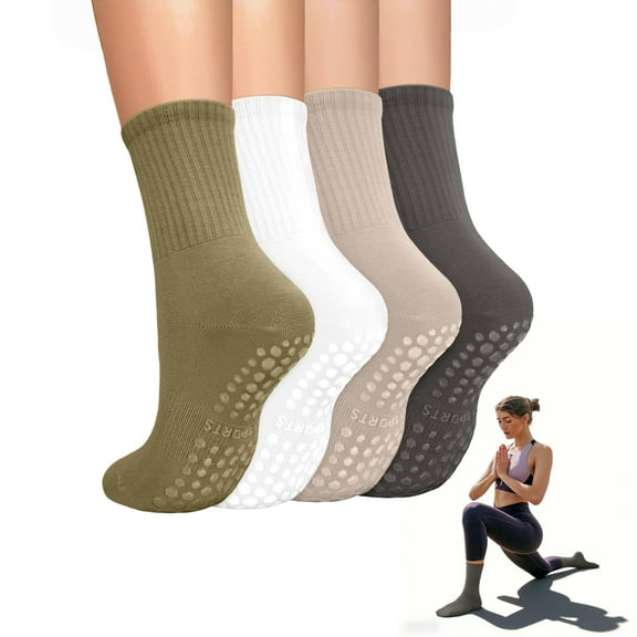 WuPing 4 Pairs Non Slip Pilates Socks with Grips for Women, Crew Grip Socks for Yoga, Barre, Hospital, Barefoot Workout