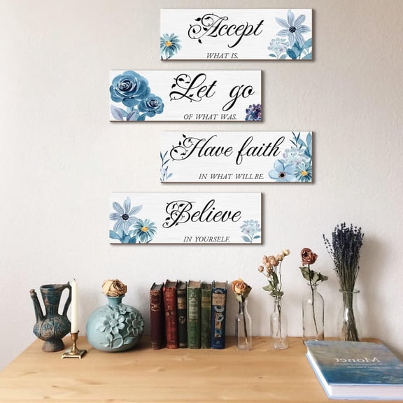 WuPing 4 Pcs Wall Decor Wooden Sign, Blue Floral Pattern, Rustic Farmhouse Home Decor, 12 x 4 inches Blue Bathroom Decor