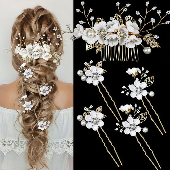 WuPing 5 Pcs Hair Pins for Women Wedding Bridal Hair Accessories Crystal Pearl Flower Hair Clips