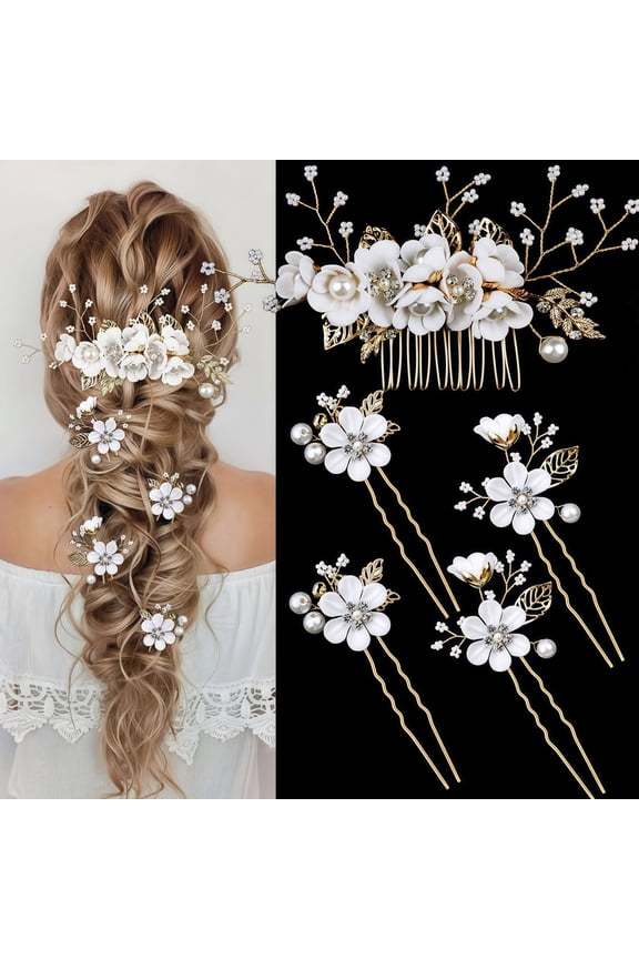 5 Pcs Hair Pins for Women Wedding Bridal Hair Accessories Crystal Pearl Flower Hair Clips