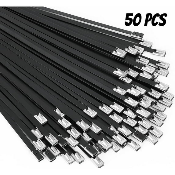 WuPing 50 Pcs Black Metal Zip Ties 18 Inch Heavy-Duty 304 Stainless Steel Epoxy-Coated Locking Cable Ties for Machinery, Vehicles, Cables, Pipes, Fences