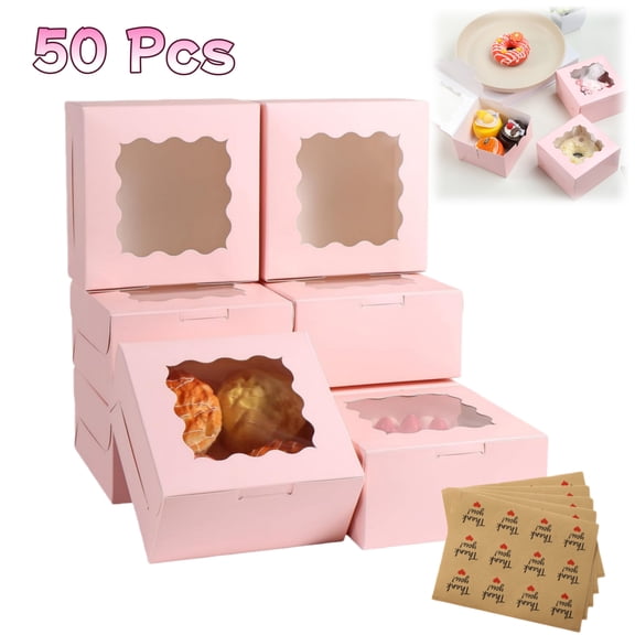 WuPing 50 Pcs Cookie Boxes, 5 Sheet Stickers, Macaron Packaging Boxe, Bakery Take Out Containers, Pink, 4×4×2.5 Inch