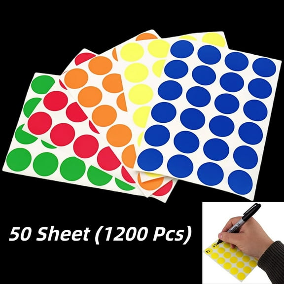 WuPing 50 Sheets of 3/4-Inch Round Colorful Write-On Stickers, Total of 1200 Colorful Dot Self-adhesive Stickers, 5 Different Colors