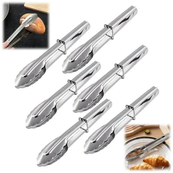 WuPing 6 Pcs Mini Stainless Steel Service Tongs with Silding Ring for Barbecue 7-Inch
