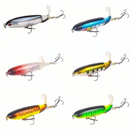 WuPing 6 Pcs Whopper Fishing Lure, Bass Popper Lure kit, Topwater Fishing Lures with Rotating Tail with Storage Box, Floating Popper for Freshwater Saltwater