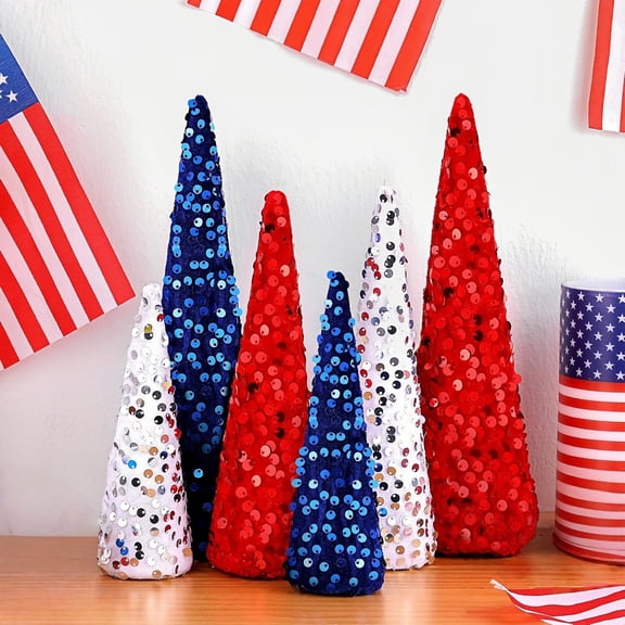 WuPing 6-Piece Set 4th of July Decorations: Cone-Shaped Tree Red-White-Blue Table Ornaments, Patriotic Theme Centerpiece